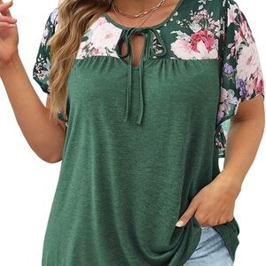 NWT Womens Plus 1X Blouse Tunic Top-Boho Floral-Green-Short Sleeve-Flowy-Summer